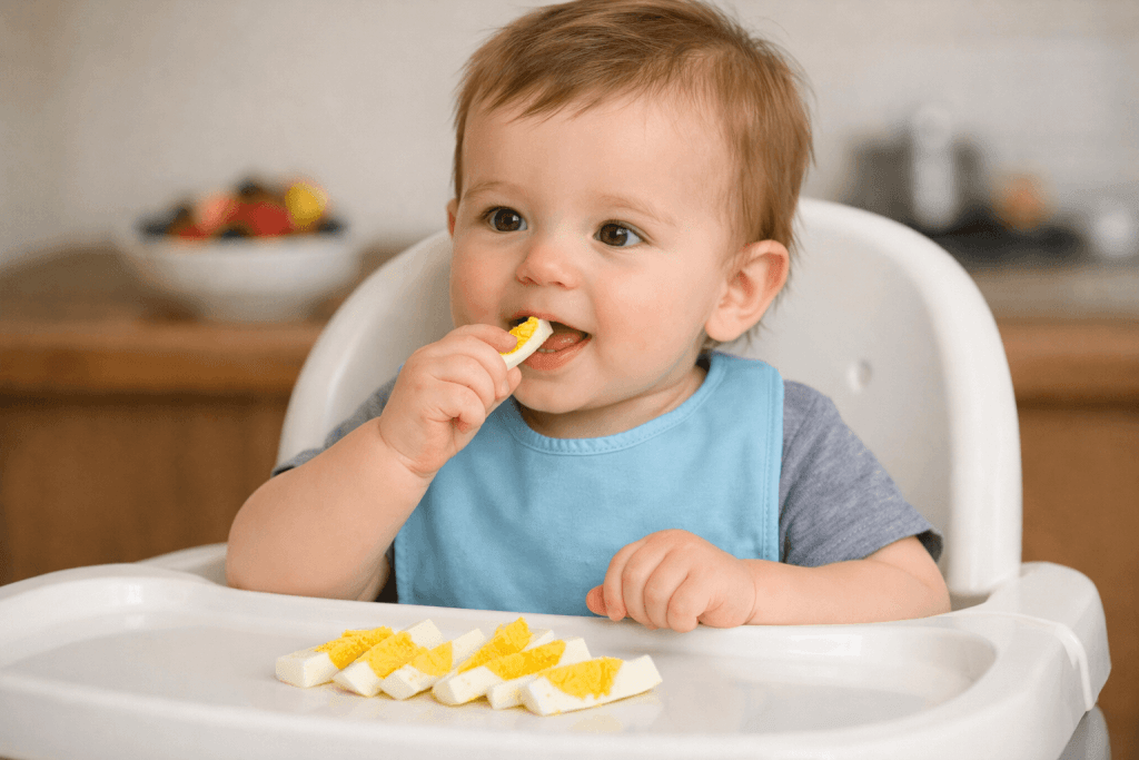 Come introdurre gli allergeni durante lo svezzamento: immagine di un bimbo che mangia uovo utilizzata come esempio.
