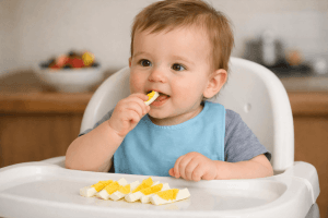 Come introdurre gli allergeni durante lo svezzamento: immagine di un bimbo che mangia uovo utilizzata come esempio.