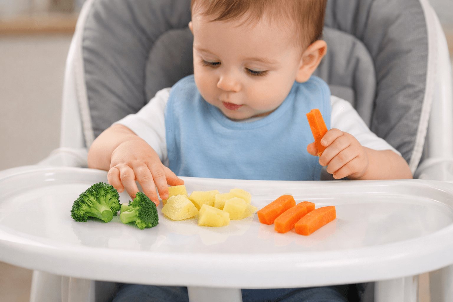Bambino al seggiolone che esplora il cibo solido: guida alla differenza tra svezzamento classico e autosvezzamento.